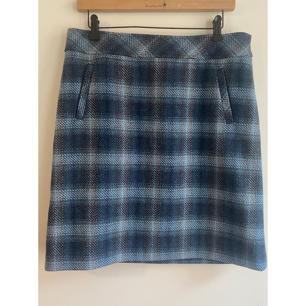 Talbots Blue Brown Plaid Straight Skirt Wool Blend Classic Preppy Pockets Size 8